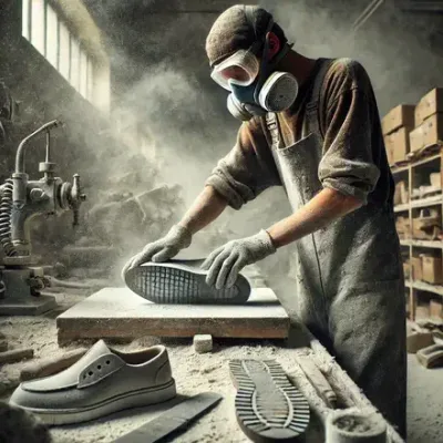 Worker grinding away at a custom insole, very dusty.