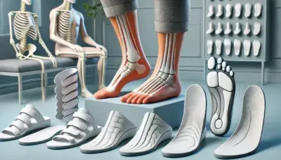 Several pairs of customized 3D orthotic inserts designed for different foot conditions, including flat feet, high arches, and heel pain, displayed in a clinical setting.