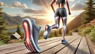 An active person running on a scenic wooden path with mountains in the background, showcasing the comfort and mobility benefits of custom 3D printed orthotic inserts.