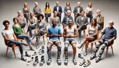 A diverse group of people of various ages and ethnicities wearing custom 3D printed orthotic inserts, engaged in different activities, in a professional or casual setting.