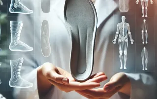 An image of a tehcnician with floating images of orthotics and various physiology, showcasing the process to get a perfect fit with Customized 3D Orthotic Inserts.