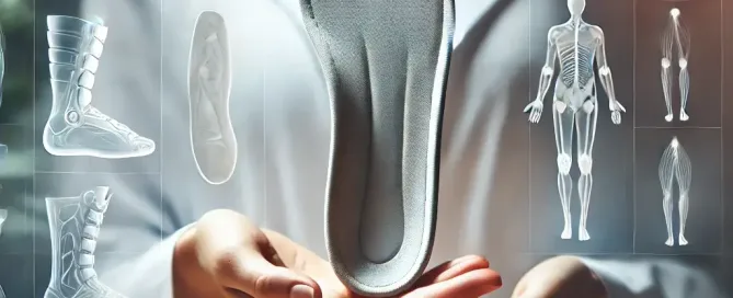An image of a tehcnician with floating images of orthotics and various physiology, showcasing the process to get a perfect fit with Customized 3D Orthotic Inserts.