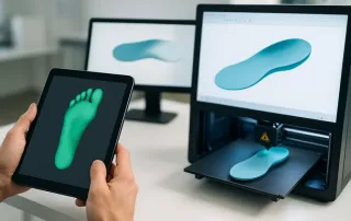 A high-resolution image showing the process for creating 3D printed custom orthotic inserts. A tablet displays a detailed 3D foot scan, while nearby monitors and a 3D printer showcase the transition from scan to printed orthotic—highlighting the precision and efficiency of modern 3D scanning technology in clinical settings.