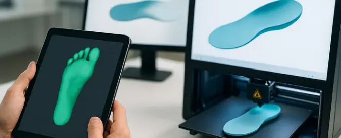 A high-resolution image showing the process for creating 3D printed custom orthotic inserts. A tablet displays a detailed 3D foot scan, while nearby monitors and a 3D printer showcase the transition from scan to printed orthotic—highlighting the precision and efficiency of modern 3D scanning technology in clinical settings.