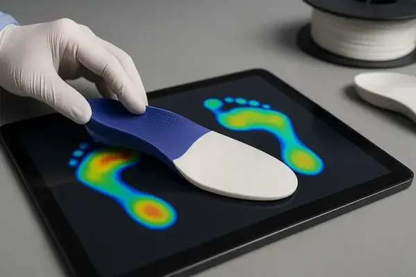 3D printed orthotic insole being fitted onto a digital foot pressure map by a clinician, showcasing dual-material zones for custom clinical support and precision fit in 3D printed orthotics.