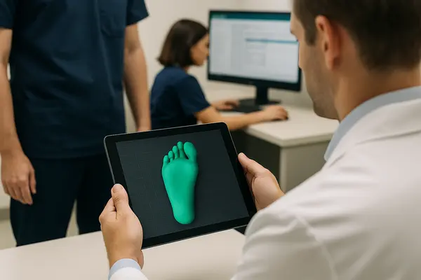 A clinician holds a tablet displaying a 3D scan of a foot, part of the digital workflow used to create 3D printed custom orthotics in a modern clinical setting, with medical staff working in the background.