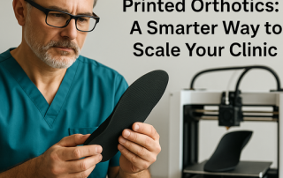 Healthcare professional examining a black outsourced 3D printed orthotic insole with a 3D printer in the background, highlighting scalable clinic solutions.