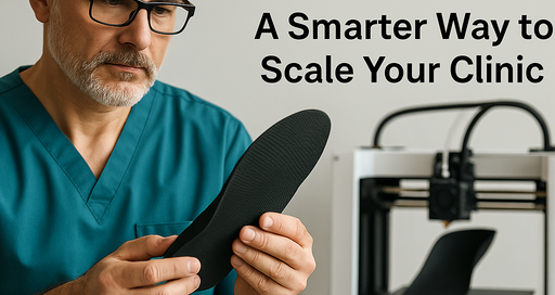 Healthcare professional examining a black outsourced 3D printed orthotic insole with a 3D printer in the background, highlighting scalable clinic solutions.