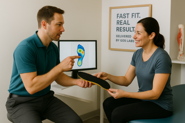 Clinician fitting a patient with a custom outsourced 3D printed orthotic while referencing a digital foot scan in a modern clinic environment.