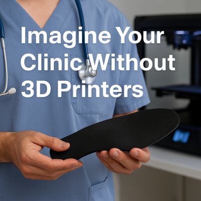 Clinician in light blue scrubs holding a custom black outsourced 3D printed orthotic insole, with a 3D printer blurred in the background and overlay text reading 'Imagine Your Clinic Without 3D Printers'.