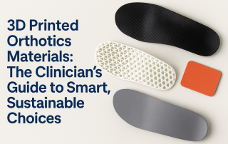Flat-lay of 3D printed orthotics materials including lattice, foam, and carbon-textured insoles, beside a bold title reading '3D Printed Orthotics Materials: The Clinician’s Guide to Smart, Sustainable Choices' on a light background.