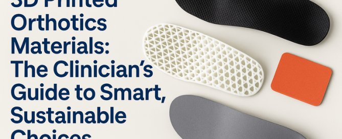 Flat-lay of 3D printed orthotics materials including lattice, foam, and carbon-textured insoles, beside a bold title reading '3D Printed Orthotics Materials: The Clinician’s Guide to Smart, Sustainable Choices' on a light background.