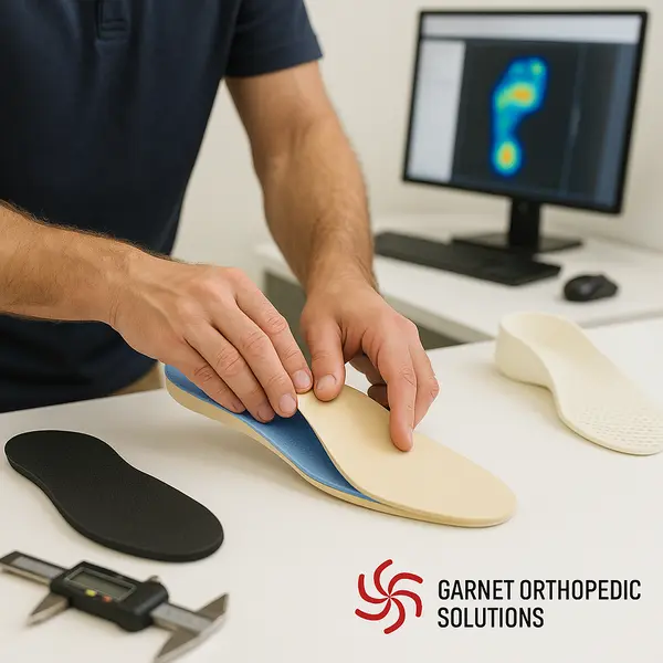 A professional adjusts layers of a custom orthotic insert at a workstation, with a foot pressure scan displayed on a monitor in the background. The Garnet Orthopedic Solutions logo is visible, emphasizing precision and clinical innovation in 3D printed custom orthotics.