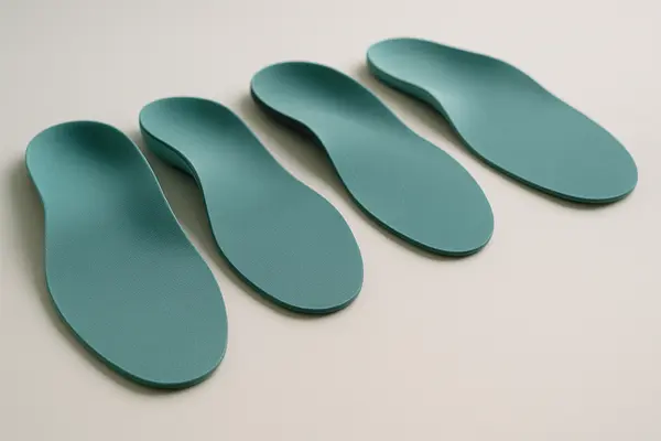 A digital photo showing four teal-colored 3D printed custom orthotics neatly arranged on a smooth surface. The insoles highlight precise arch and heel support, showcasing the clean design and uniform build made possible by 3D printing technology.