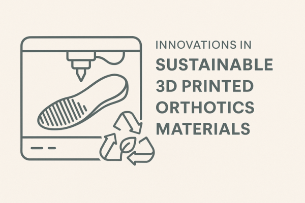 Illustration of a 3D printer producing a sustainable 3D printed orthotic insole with a recycling symbol, next to the title 'Innovations in Sustainable 3D Printed Orthotics Materials' on a light beige background.